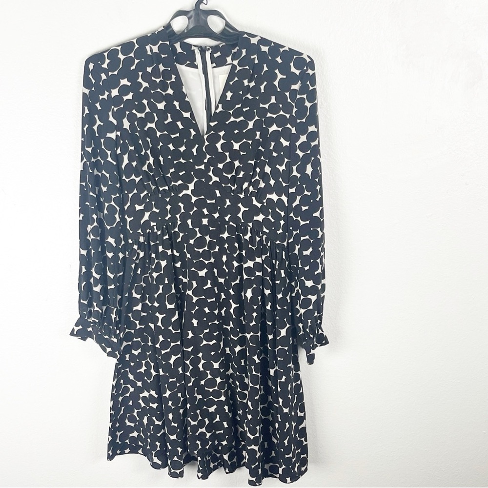KATE SPADE Blot Dot 100% Silk Black White Long Sleeves V-Neck Dress